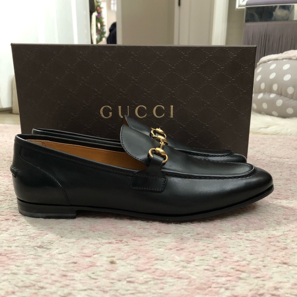 Gucci Jordaan Black Leather Horsebit Loafers- Authenticity guaranteed